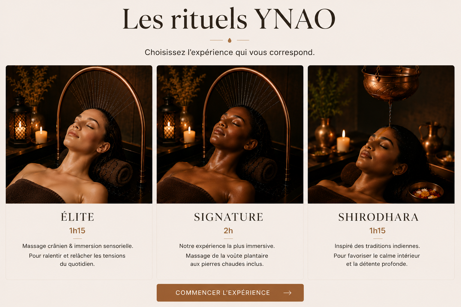 Femme se relaxant dans un spa, éclairage tamisé avec des bougies. Écriture "YNAO ÉLITE".
