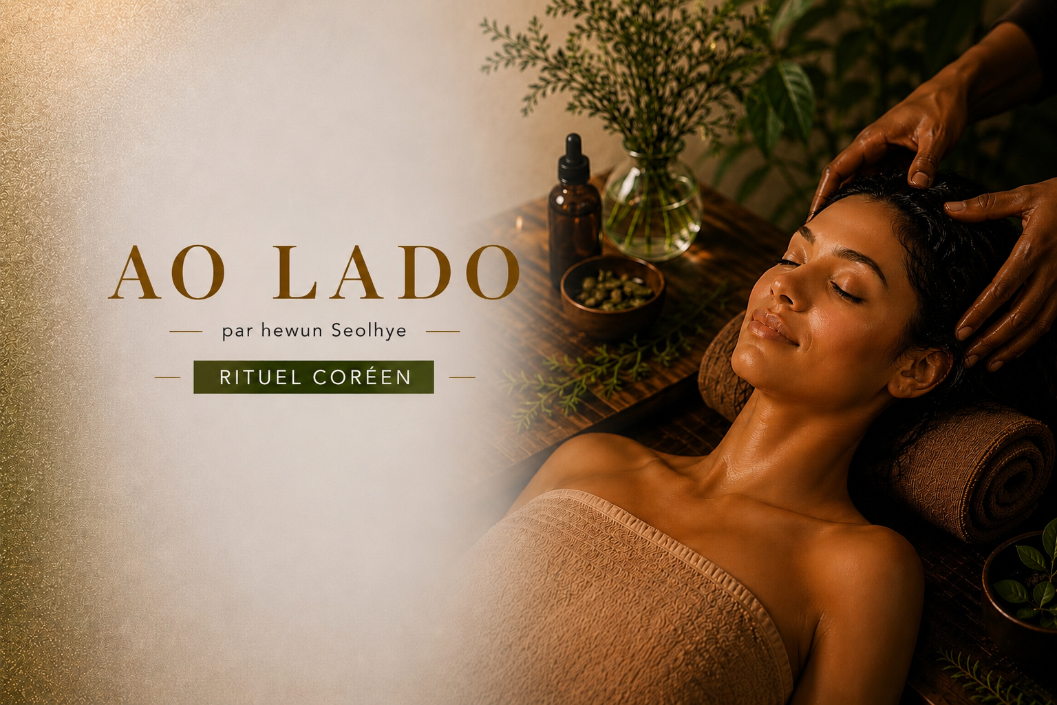 Femme relaxée, entourée de plantes, recevant un soin de bien-être.