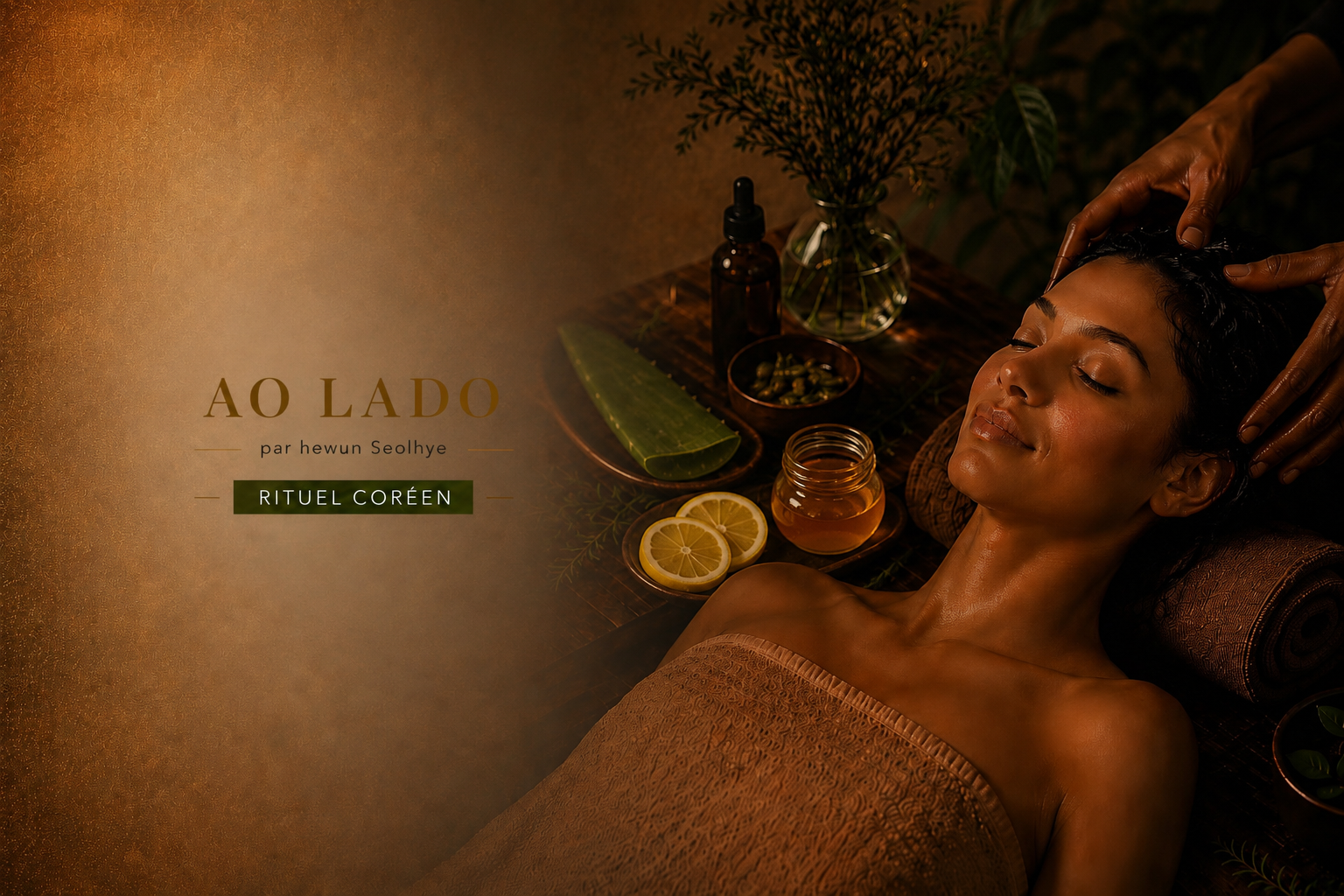 Femme relaxée, entourée de plantes, recevant un soin de bien-être.