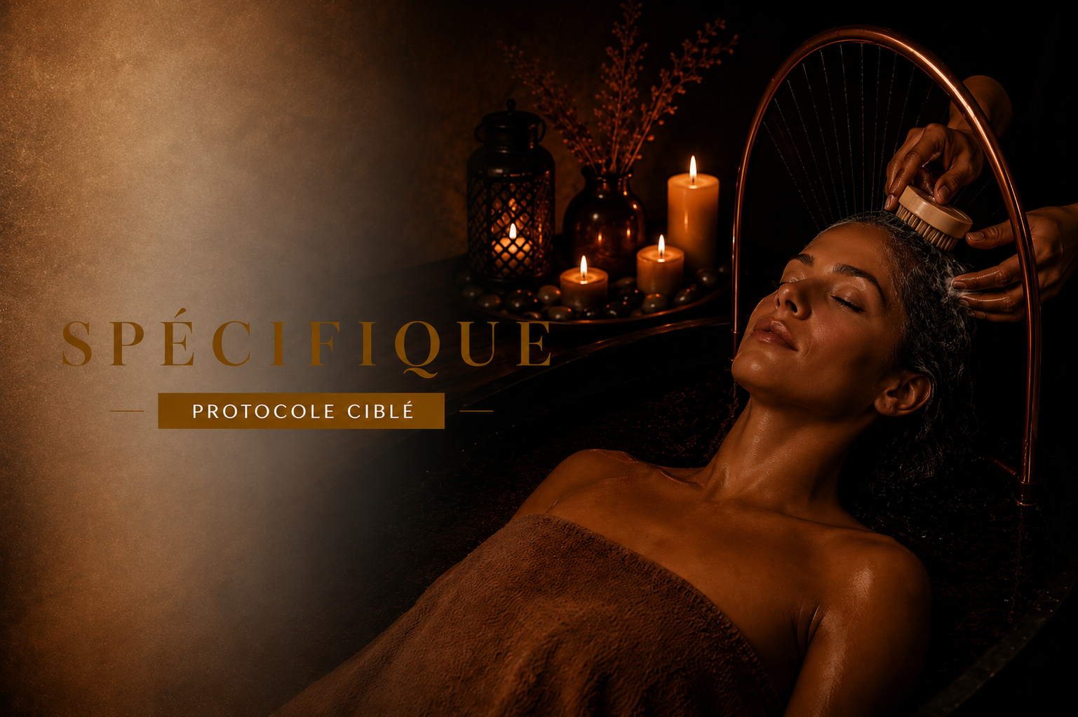 Femme se détendant avec un massage, entourée de bougies et d'un ambiance apaisante.