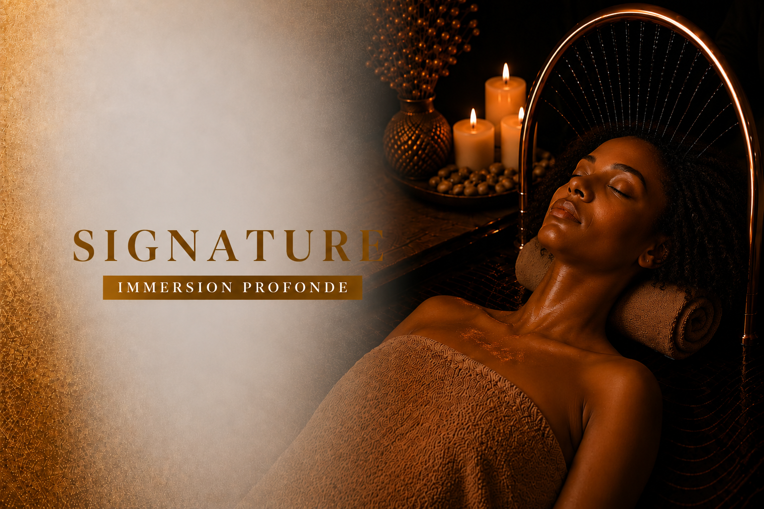 Femme recevant un soin de spa avec des bougies, ambiance relaxante et luxe.