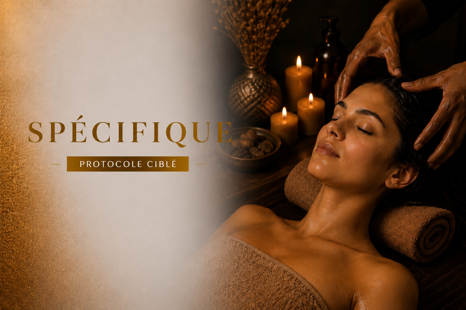 Femme se détendant avec un massage, entourée de bougies et d'un ambiance apaisante.