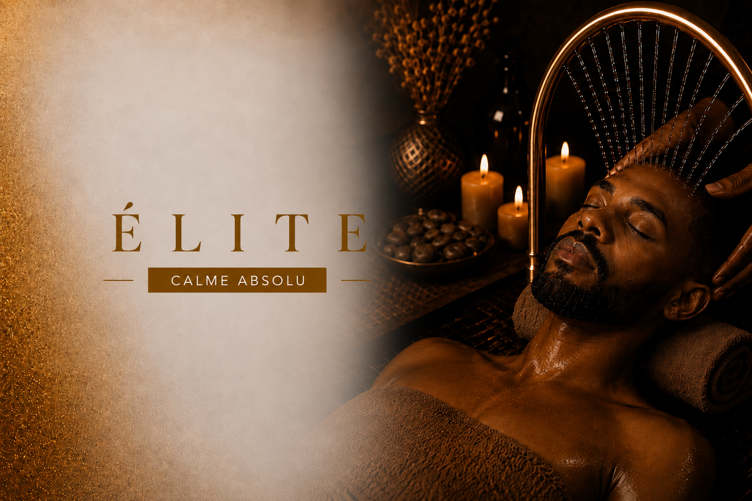 Homme détendu dans un cadre de spa avec bougies et éléments de bien-être.