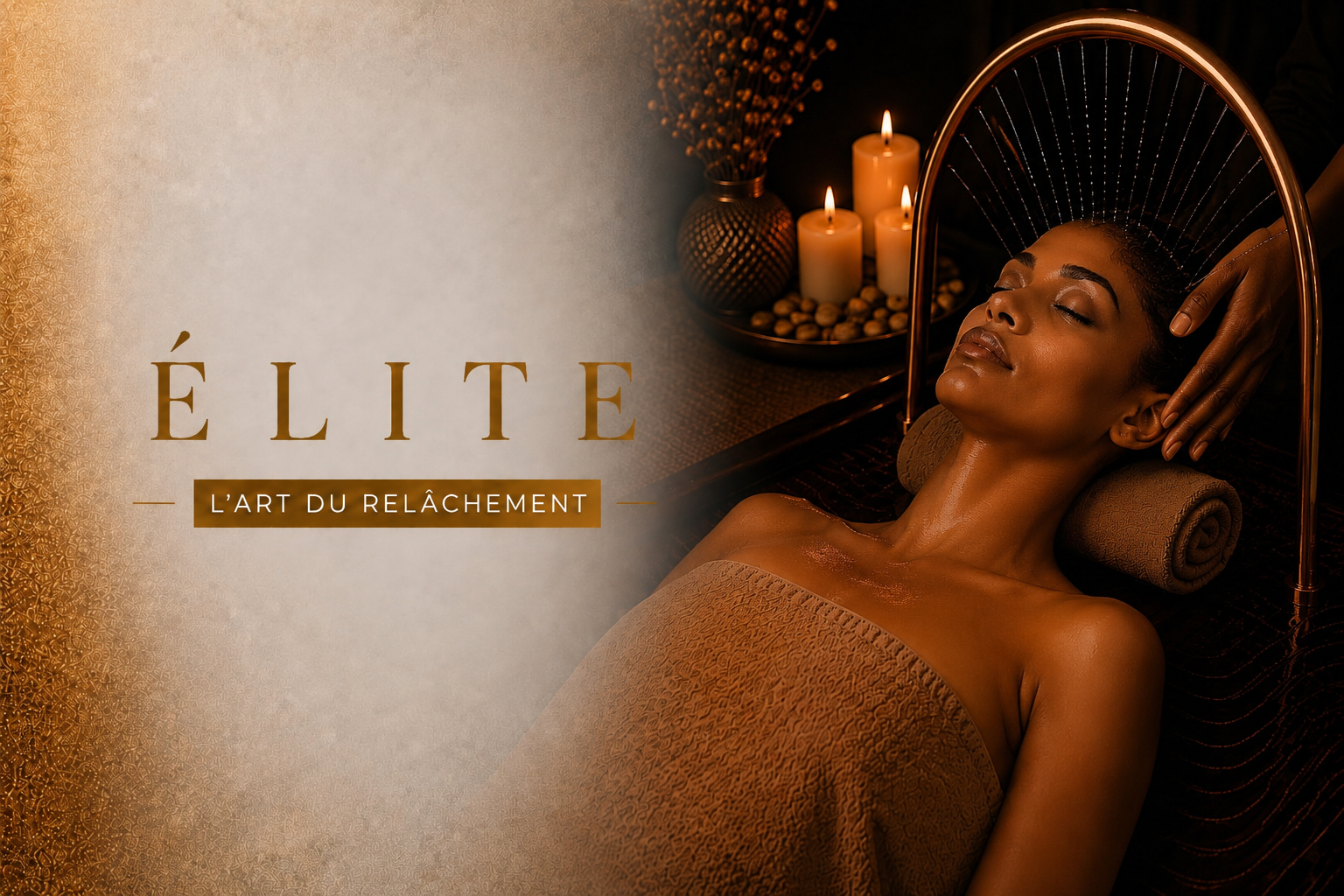 Femme se relaxant dans un spa, éclairage tamisé avec des bougies. Écriture "YNAO ÉLITE".